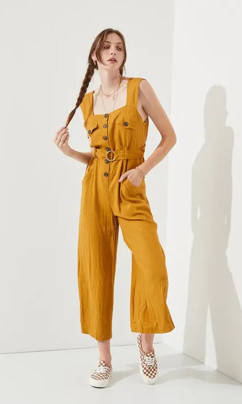 SLEEVELESS SQUARE NECK BUTTON DOWN ANKLE JUMPSUIT Jade By Jane