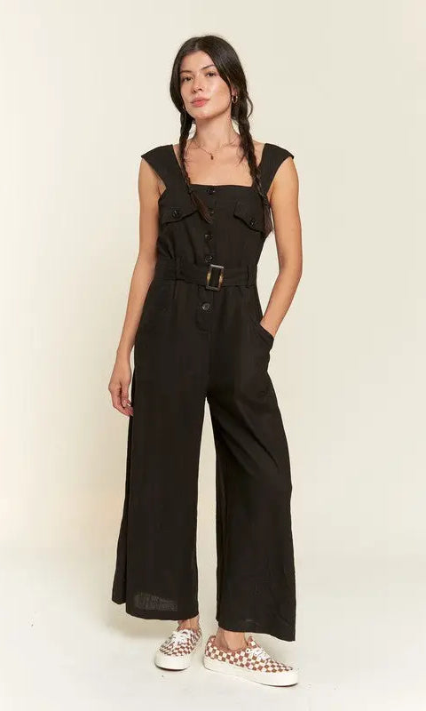 SLEEVELESS SQUARE NECK BUTTON DOWN ANKLE JUMPSUIT Jade By Jane