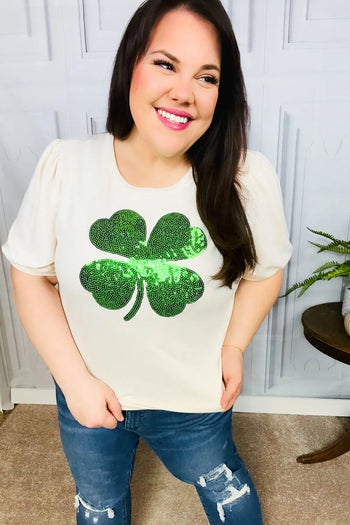 Saint Patty Sequin Clover French Terry Puff Sleeve Top Haptics