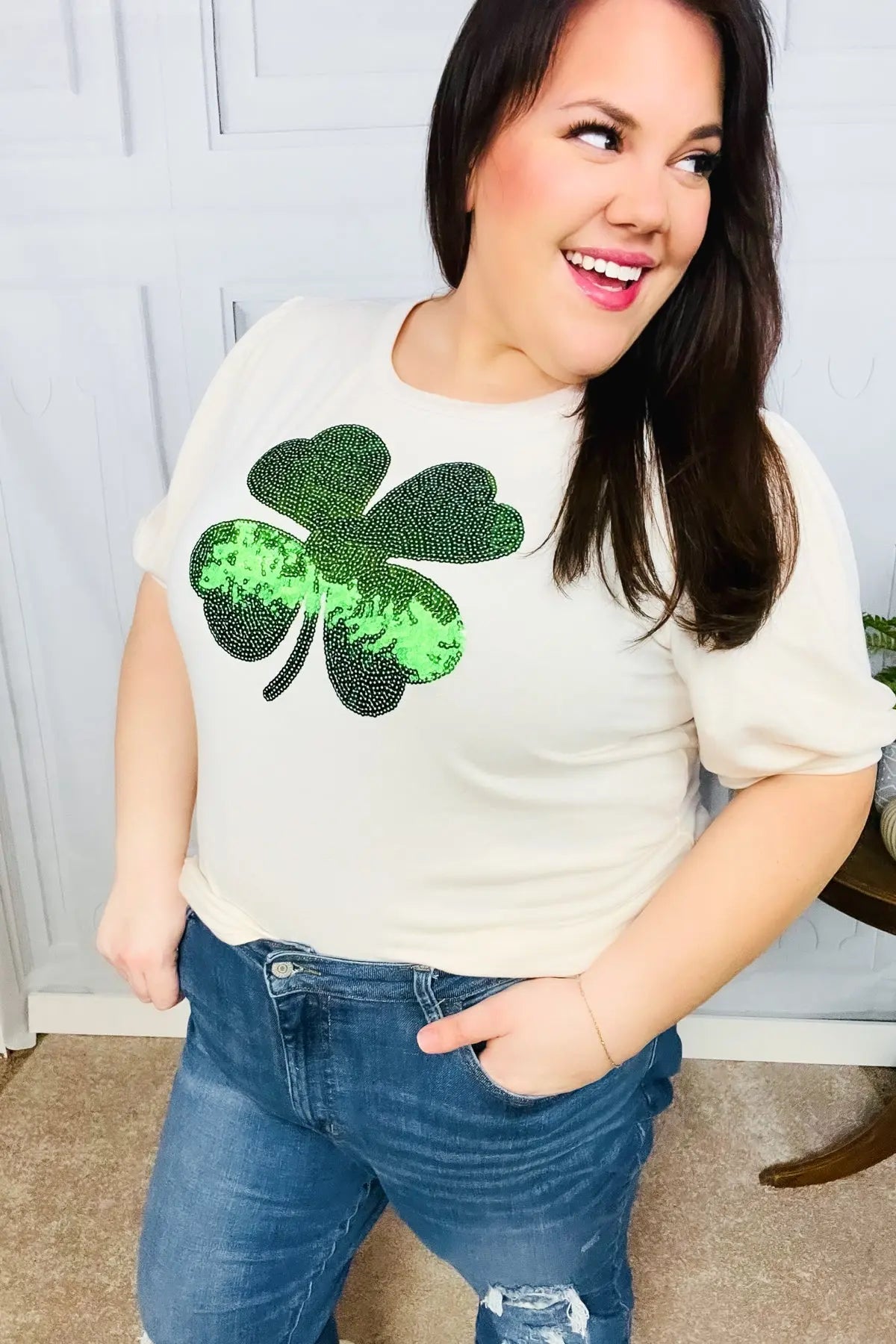 Saint Patty Sequin Clover French Terry Puff Sleeve Top Haptics