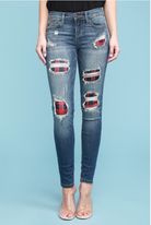 Red Plaid Patched Judy Blue Skinnies JB Boutique Simplified