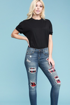 Red Plaid Patched Judy Blue Skinnies JB Boutique Simplified