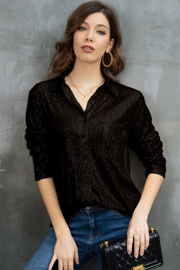 Sequin Button Up Long Sleeve Shirt Trendsi