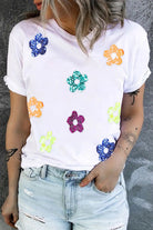 Sequin Flower Round Neck Short Sleeve T-Shirt Trendsi