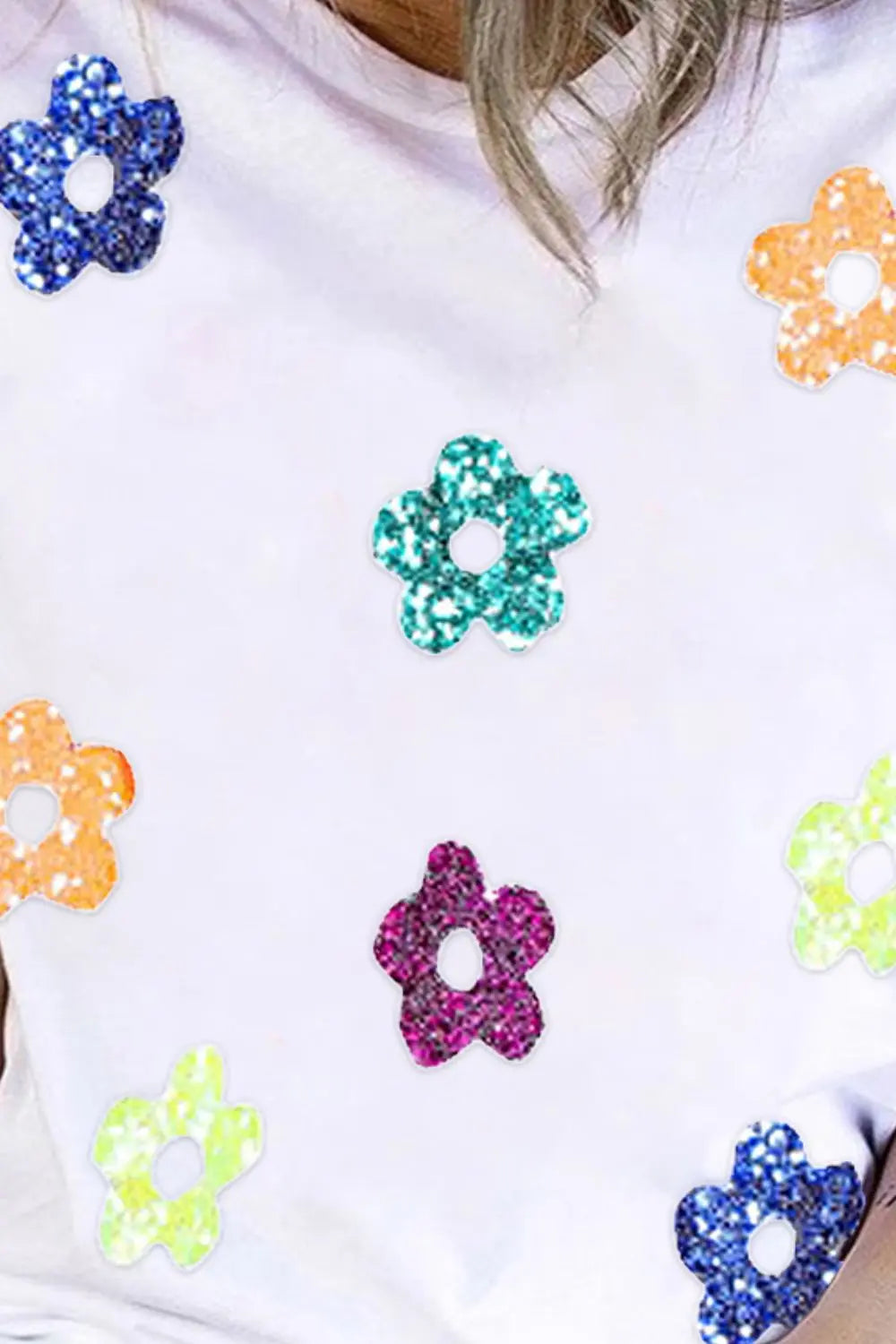 Sequin Flower Round Neck Short Sleeve T-Shirt Trendsi