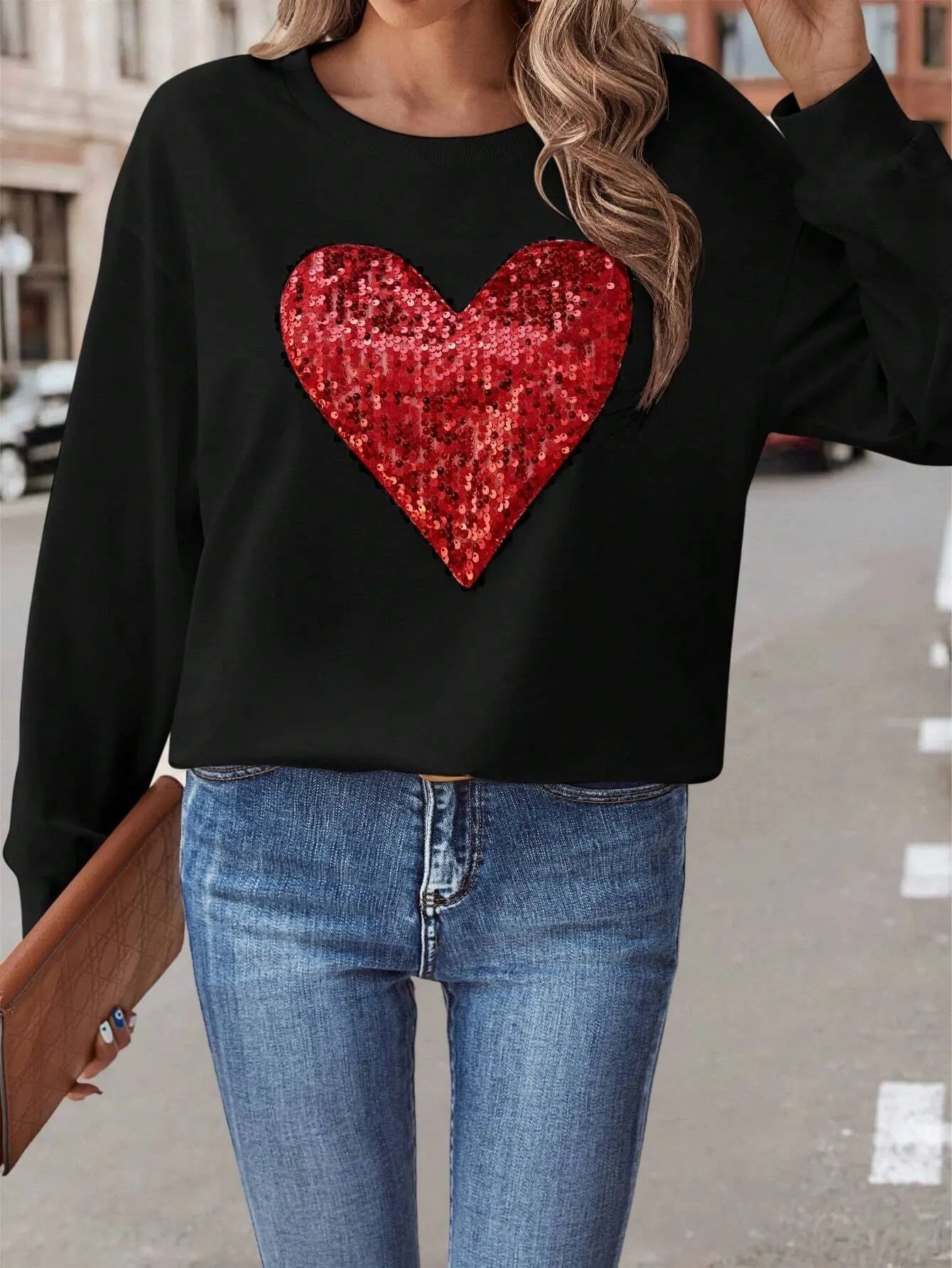 Sequin Heart Dropped Shoulder Sweatshirt Trendsi