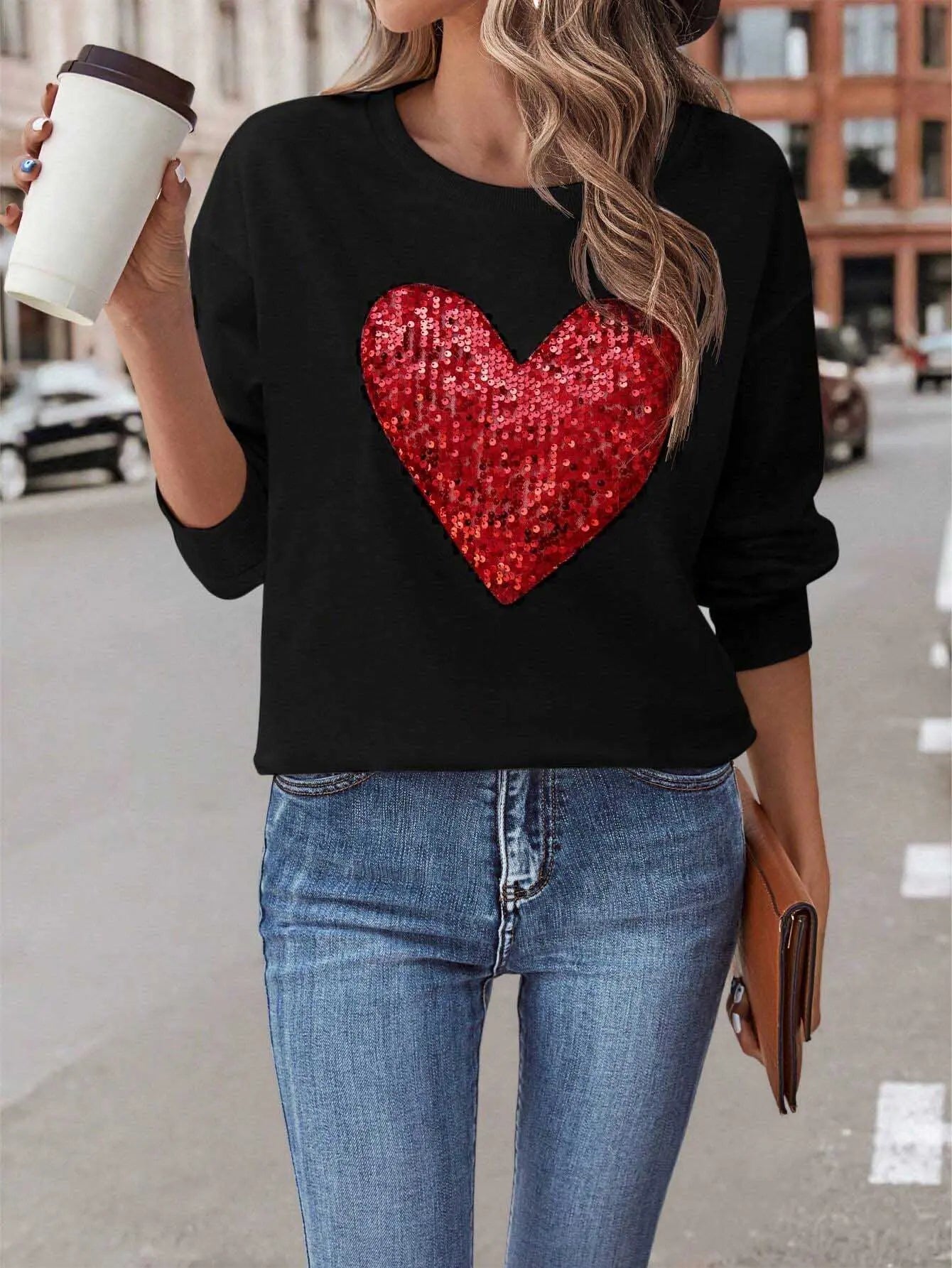 Sequin Heart Dropped Shoulder Sweatshirt Trendsi