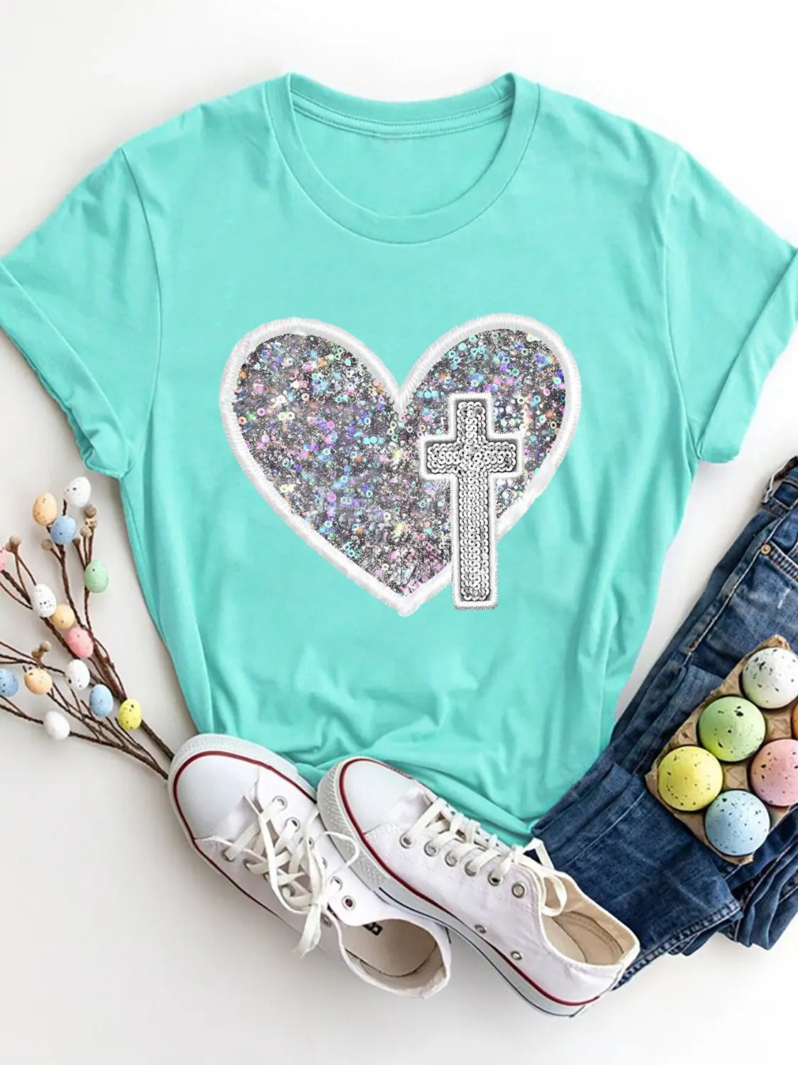 Sequin Heart Round Neck Short Sleeve T-Shirt Trendsi