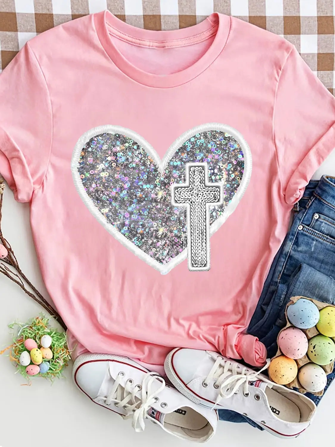 Sequin Heart Round Neck Short Sleeve T-Shirt Trendsi