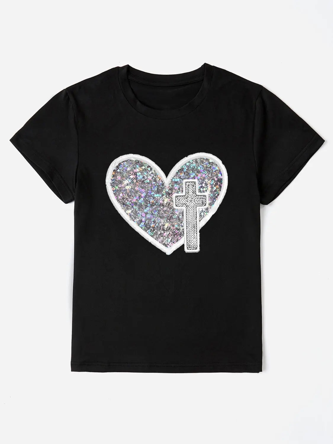 Sequin Heart Round Neck Short Sleeve T-Shirt Trendsi