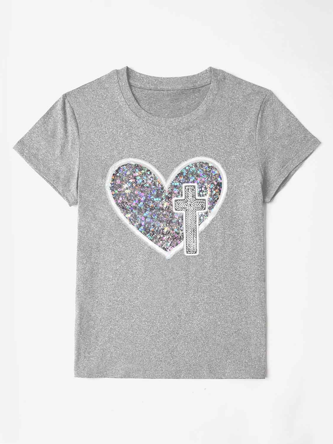 Sequin Heart Round Neck Short Sleeve T-Shirt Trendsi