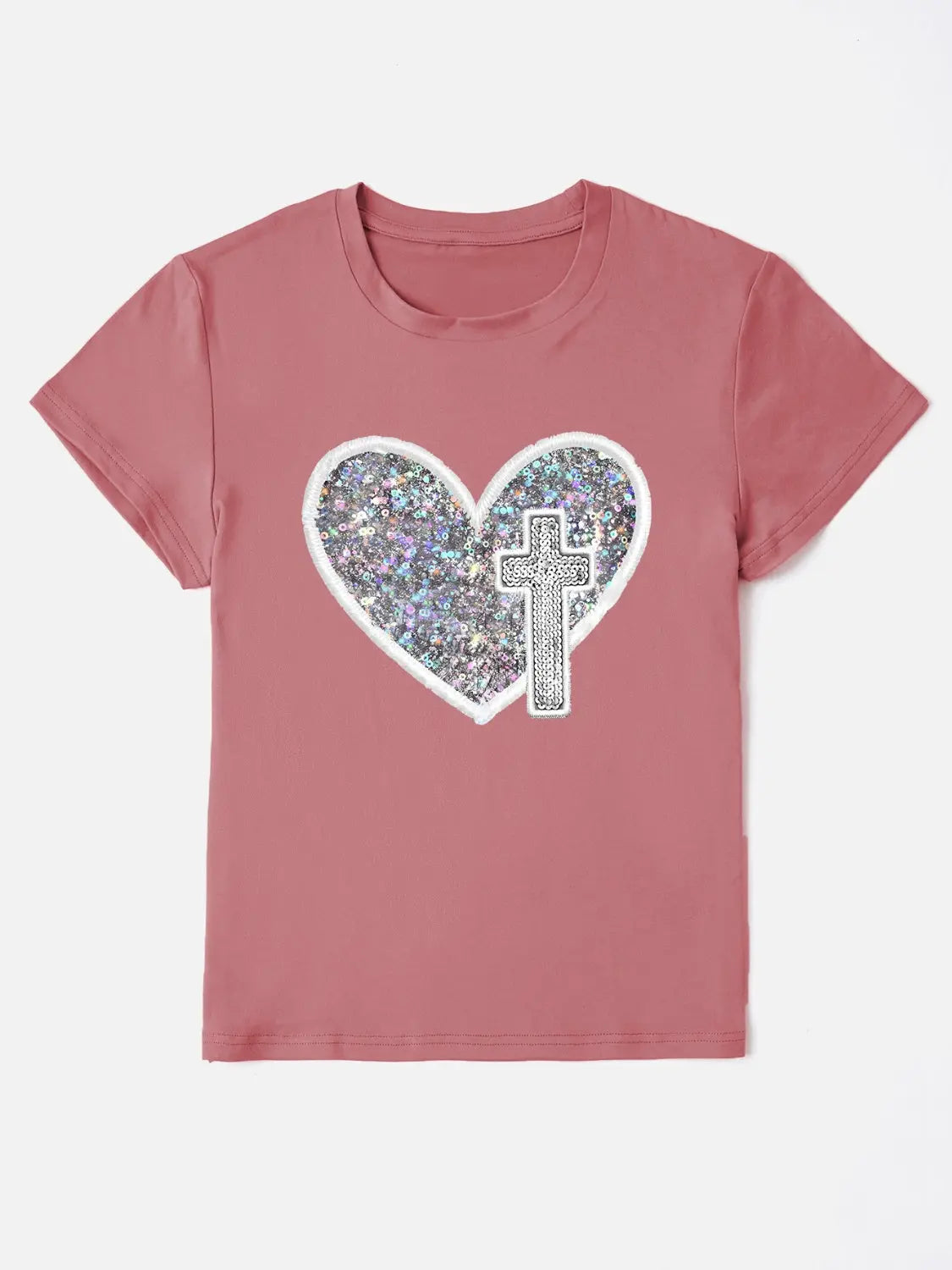 Sequin Heart Round Neck Short Sleeve T-Shirt Trendsi