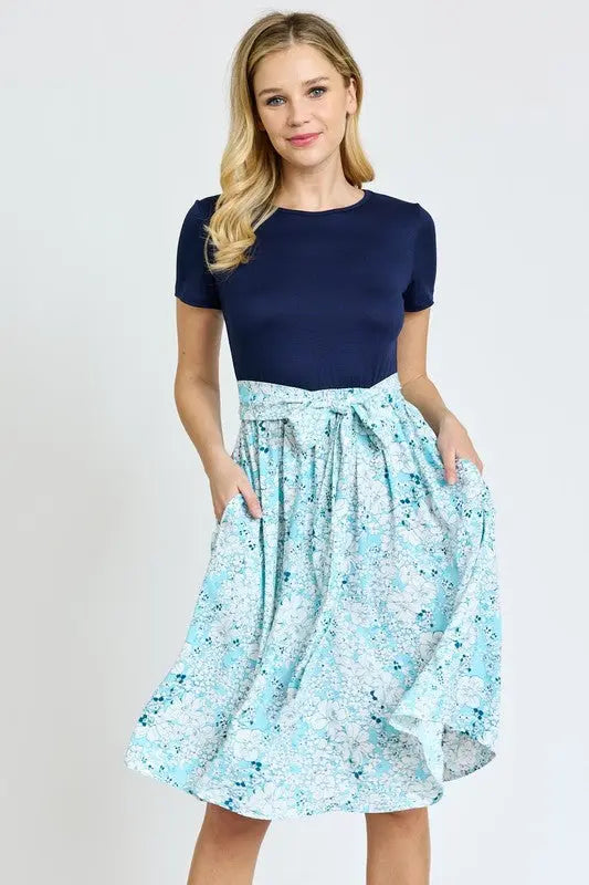 Short Sleeve Floral Sash Midi Dress EG fashion