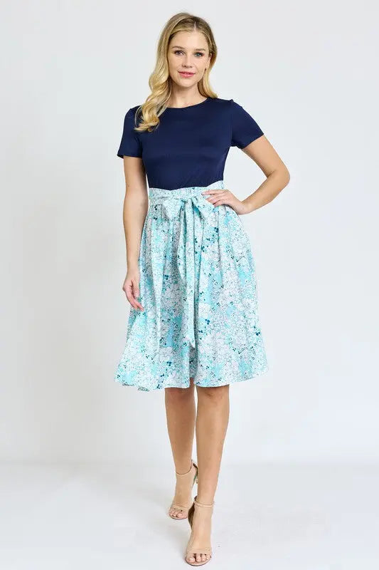 Short Sleeve Floral Sash Midi Dress EG fashion