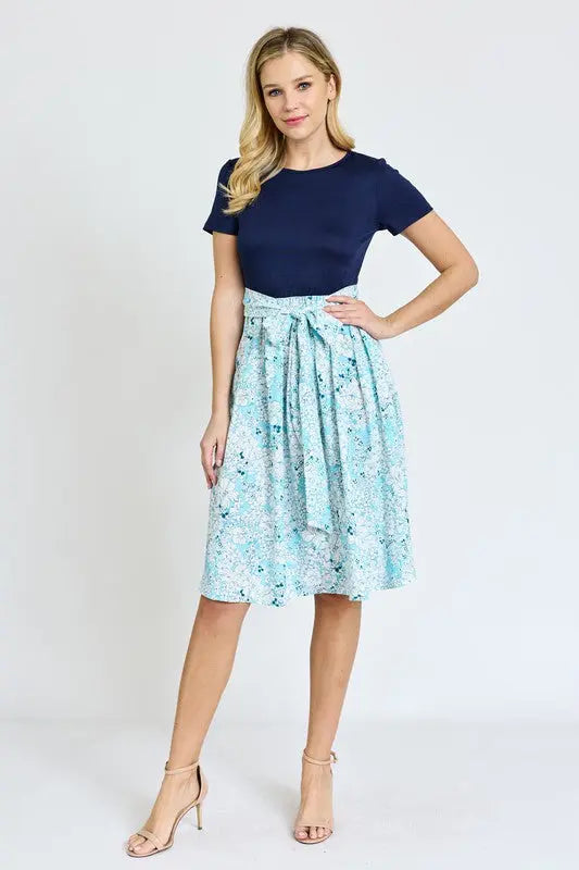 Short Sleeve Floral Sash Midi Dress EG fashion