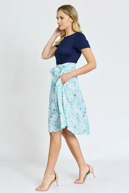 Short Sleeve Floral Sash Midi Dress EG fashion