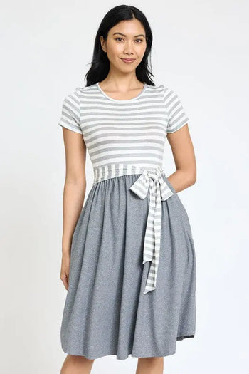 Short Sleeve Stripe Sash Dress EG fashion