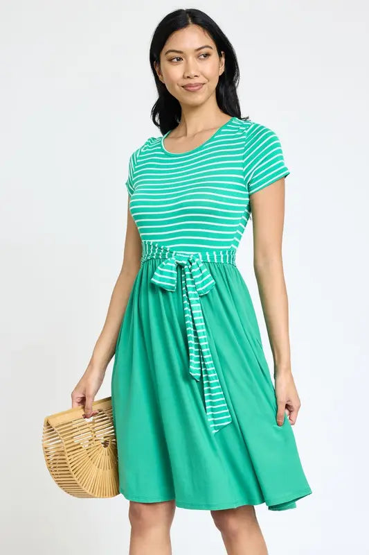 Short Sleeve Stripe Sash Dress EG fashion