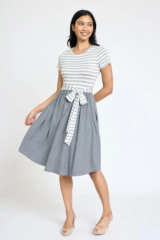 Short Sleeve Stripe Sash Dress EG fashion