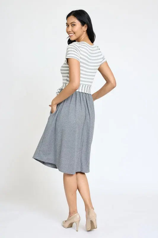 Short Sleeve Stripe Sash Dress EG fashion