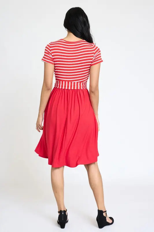 Short Sleeve Stripe Sash Dress EG fashion