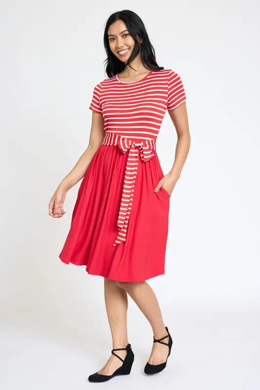 Short Sleeve Stripe Sash Dress EG fashion