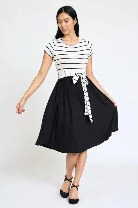 Short Sleeve Stripe Sash Dress EG fashion