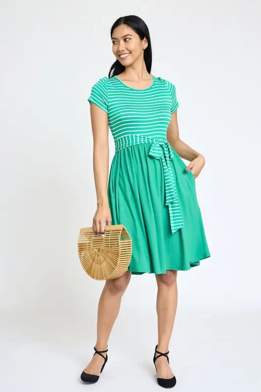 Short Sleeve Stripe Sash Dress EG fashion