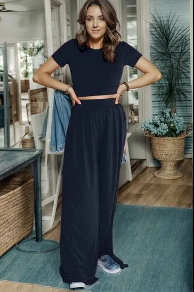 Short Sleeve Top and Wide Leg Pants Set Trendsi