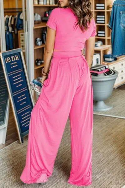 Short Sleeve Top and Wide Leg Pants Set Trendsi