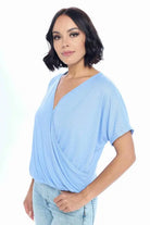 Short Sleeve V neck Rib Knit Surplice Top Renee C.