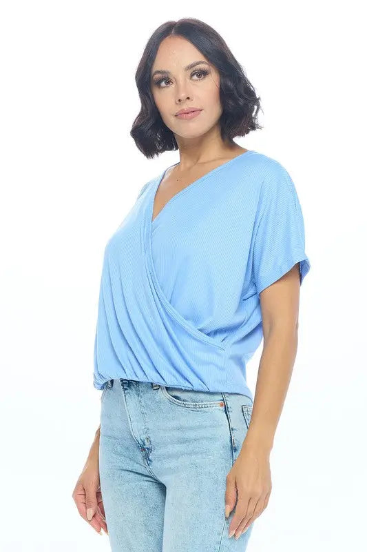 Short Sleeve V neck Rib Knit Surplice Top Renee C.