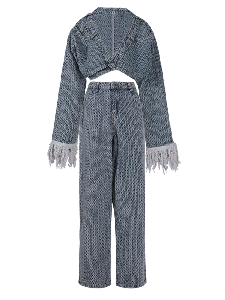 Short Denim Jacket Wide Leg Pants Two Piece Set Fashionella