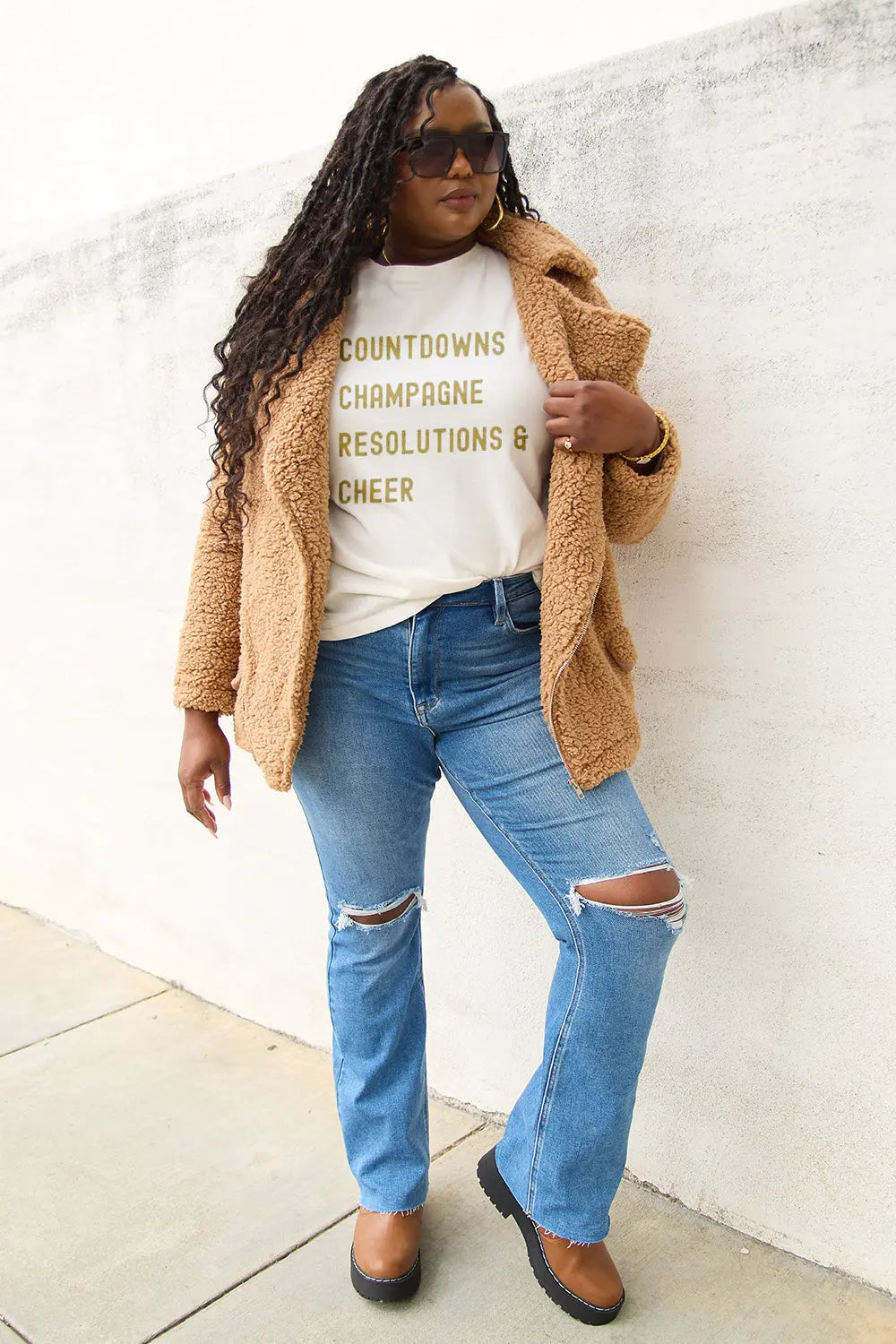 Simply Love Full Size COUNTDOWNS CHAMPAGNE RESOLUTIONS & CHEER Round Neck T-Shirt Trendsi