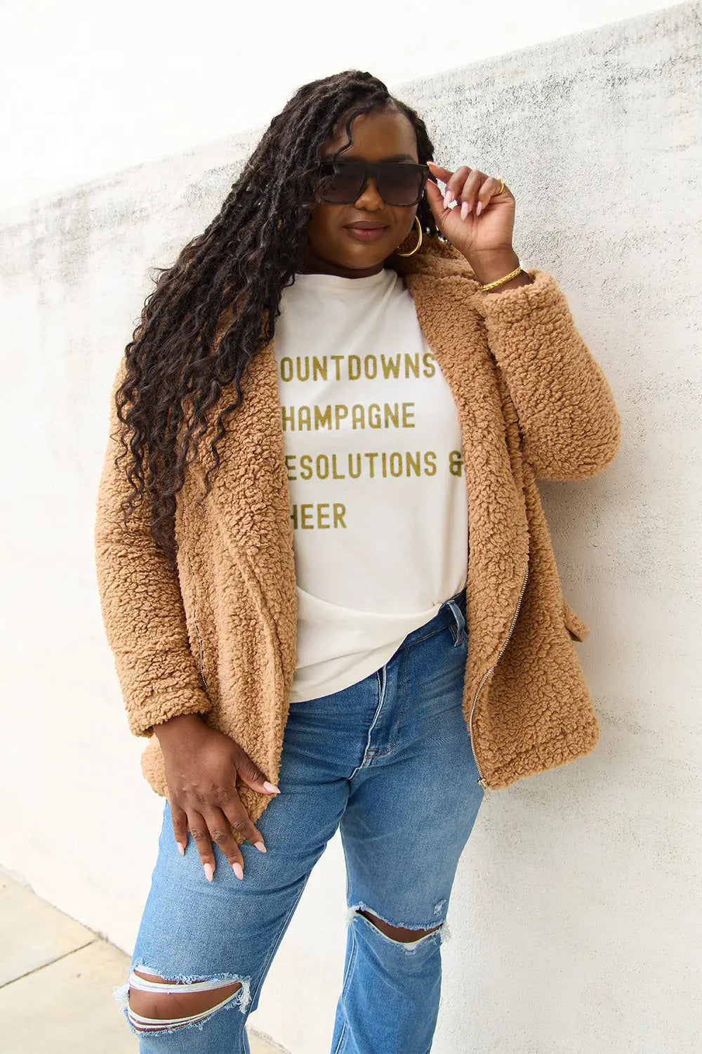 Simply Love Full Size COUNTDOWNS CHAMPAGNE RESOLUTIONS & CHEER Round Neck T-Shirt Trendsi