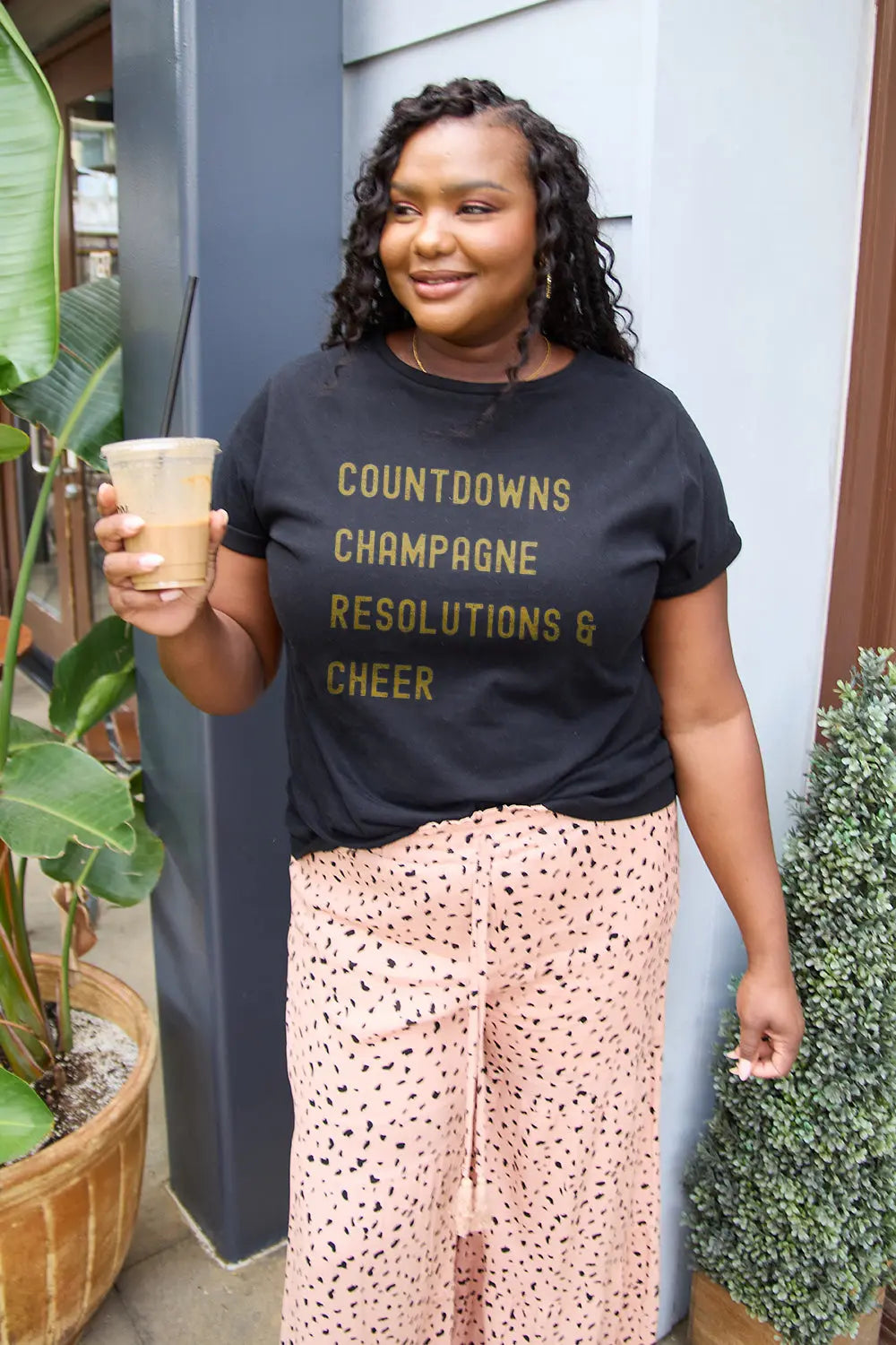 Simply Love Full Size COUNTDOWNS CHAMPAGNE RESOLUTIONS & CHEER Round Neck T-Shirt Trendsi