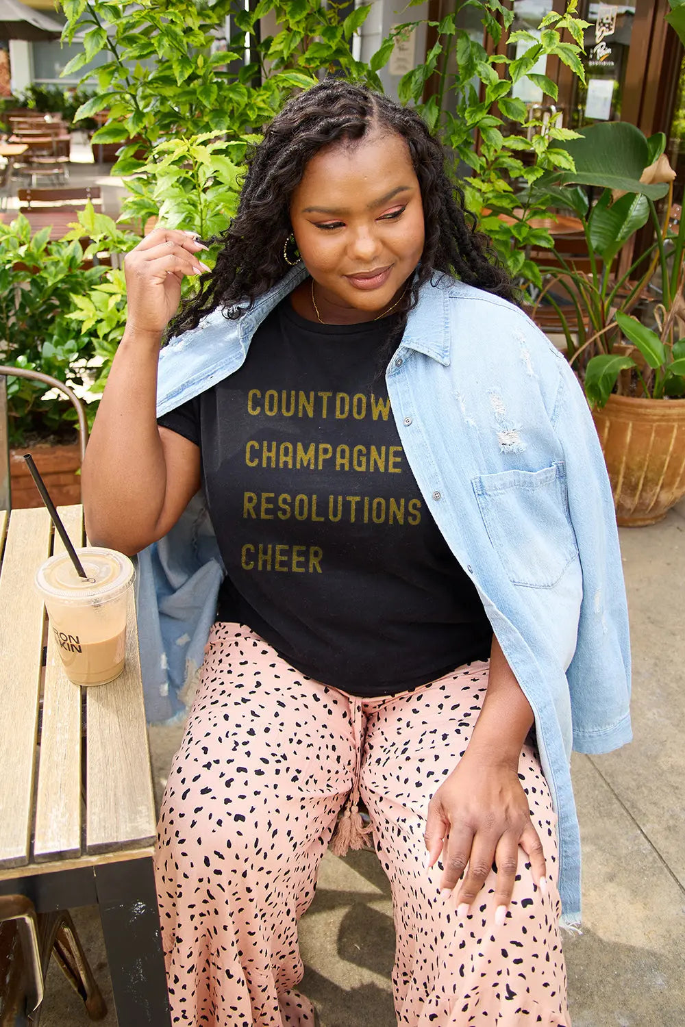 Simply Love Full Size COUNTDOWNS CHAMPAGNE RESOLUTIONS & CHEER Round Neck T-Shirt Trendsi