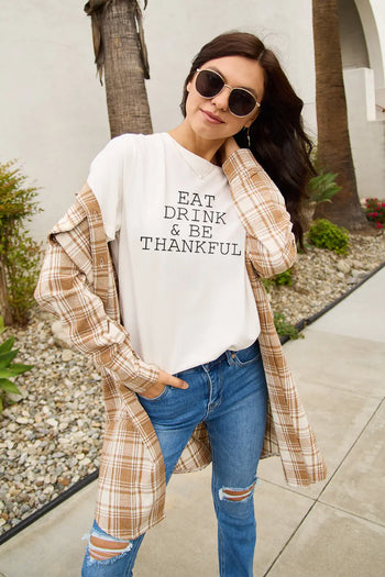 Simply Love Full Size EAT DRINK & BE THANKFUL Round Neck T-Shirt Trendsi