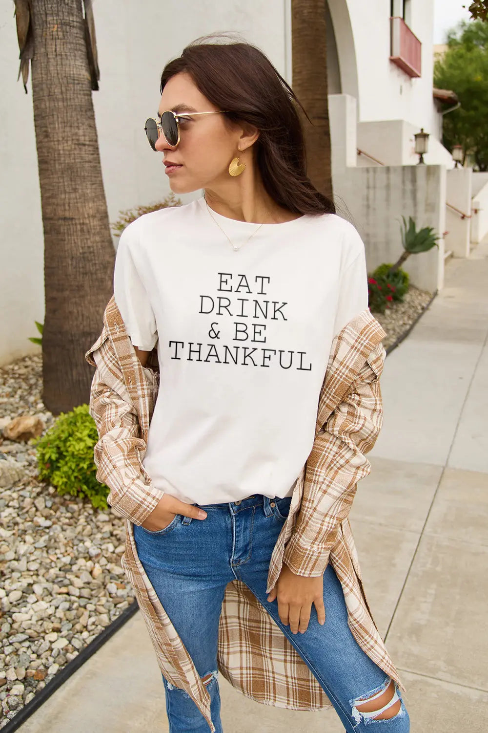 Simply Love Full Size EAT DRINK & BE THANKFUL Round Neck T-Shirt Trendsi