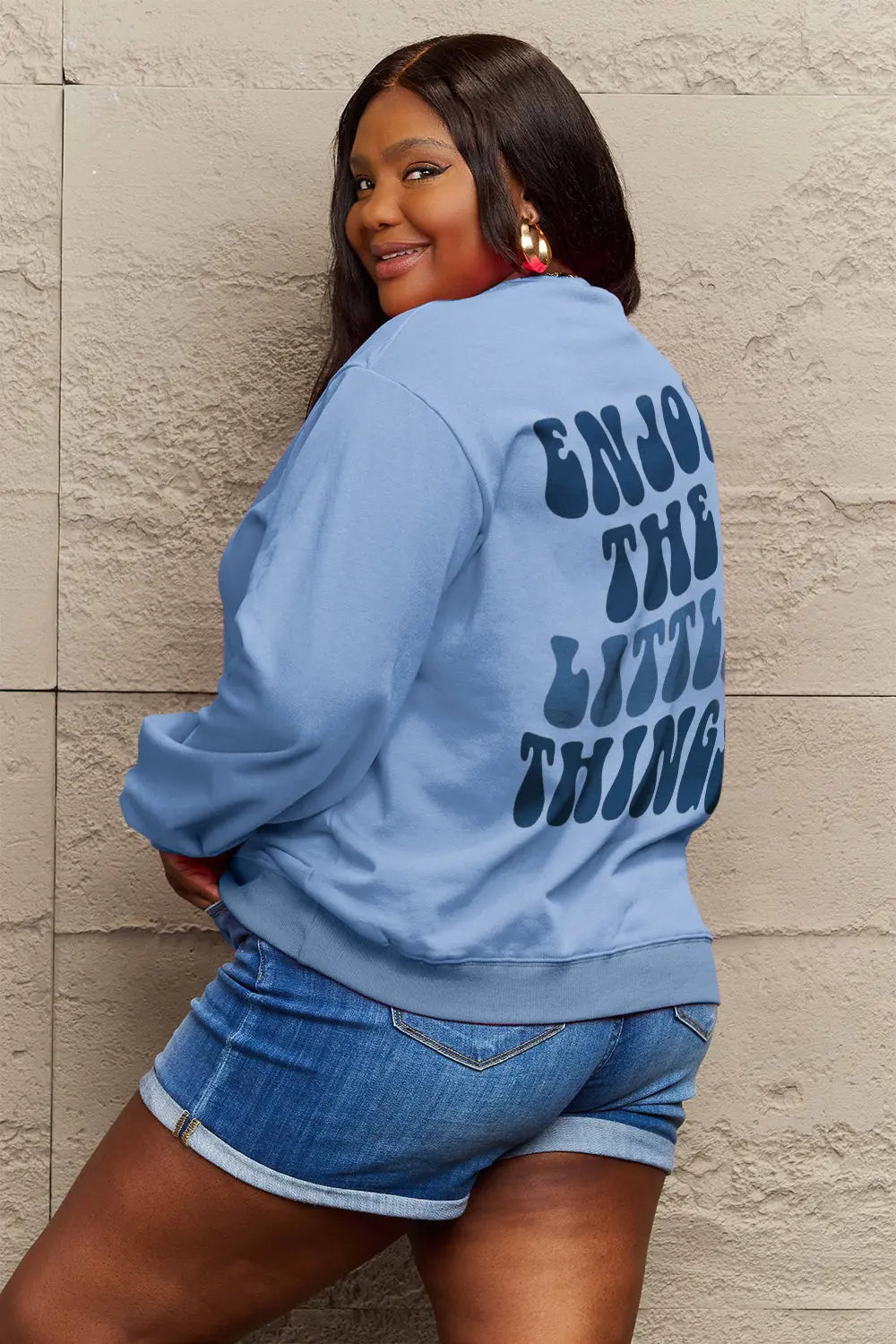 Simply Love Full Size ENJOY THE LITTLE THINGS Round Neck Sweatshirt Trendsi