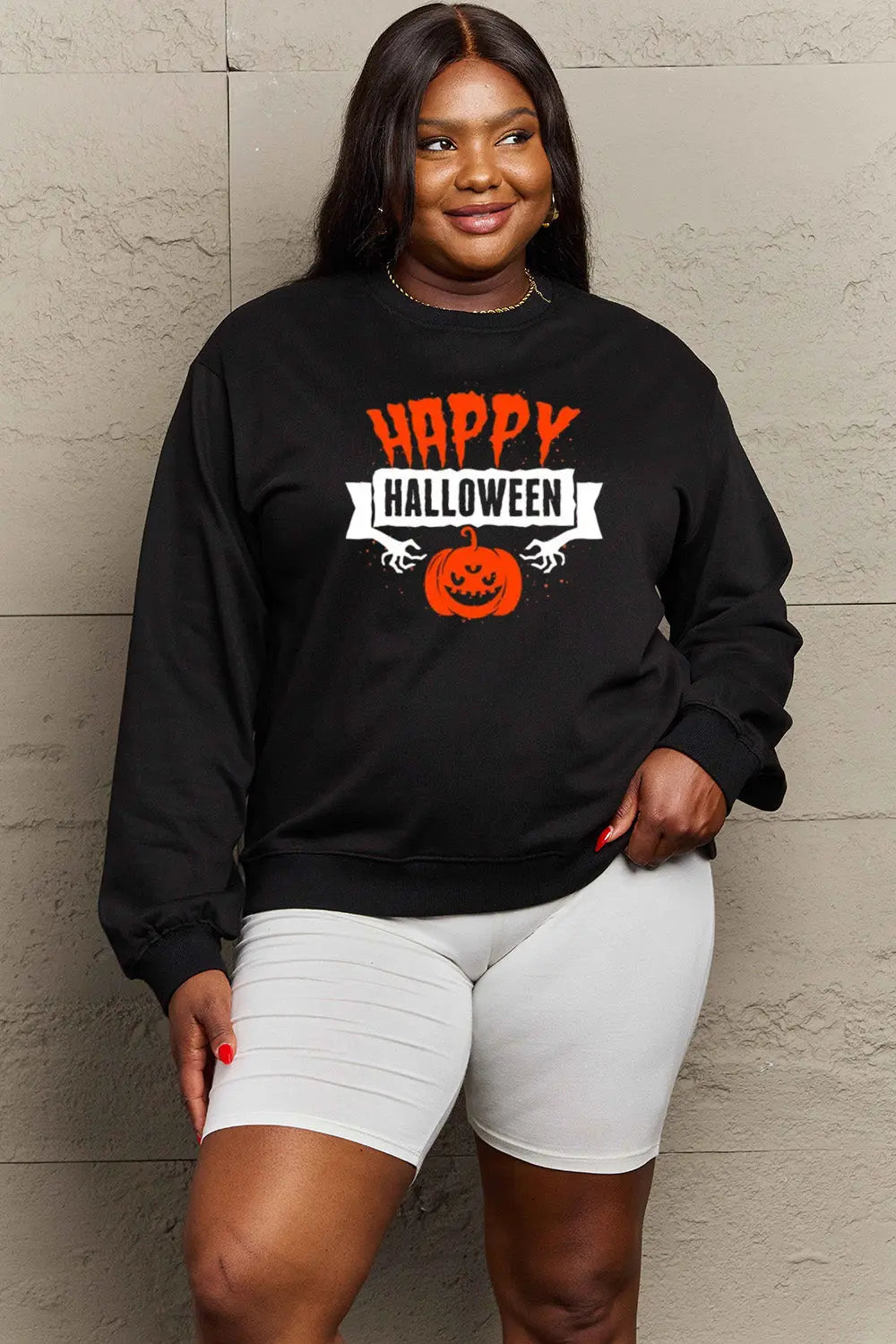 Simply Love Full Size HAPPY HALLOWEEN Graphic Sweatshirt Trendsi