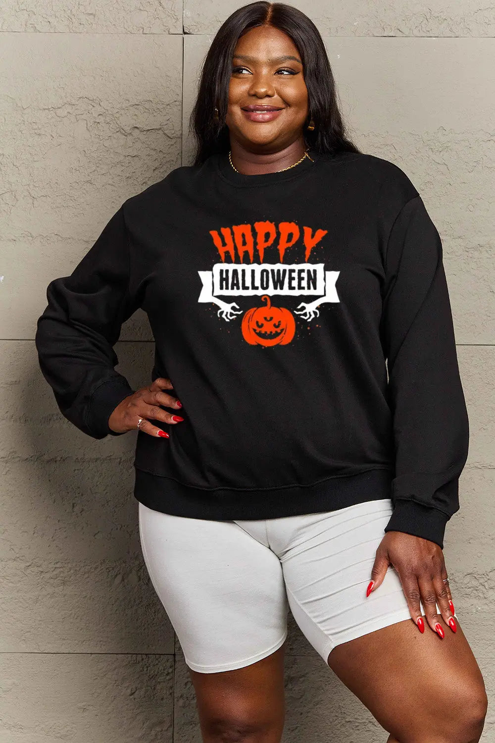 Simply Love Full Size HAPPY HALLOWEEN Graphic Sweatshirt Trendsi