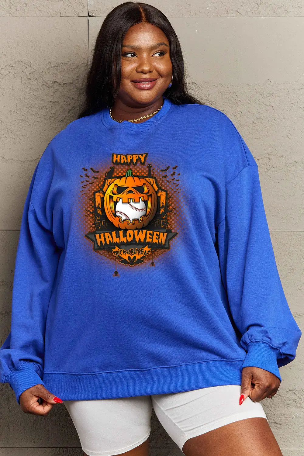 Simply Love Full Size HAPPY HALLOWEEN Graphic Sweatshirt Trendsi