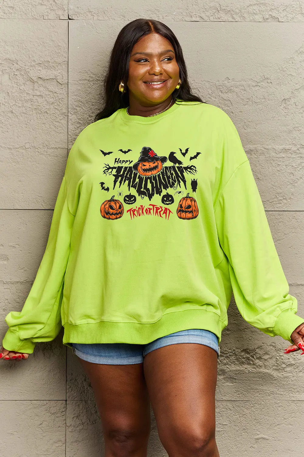 Simply Love Full Size HAPPY HALLOWEEN TRICK OR TREAT Graphic Sweatshirt Trendsi