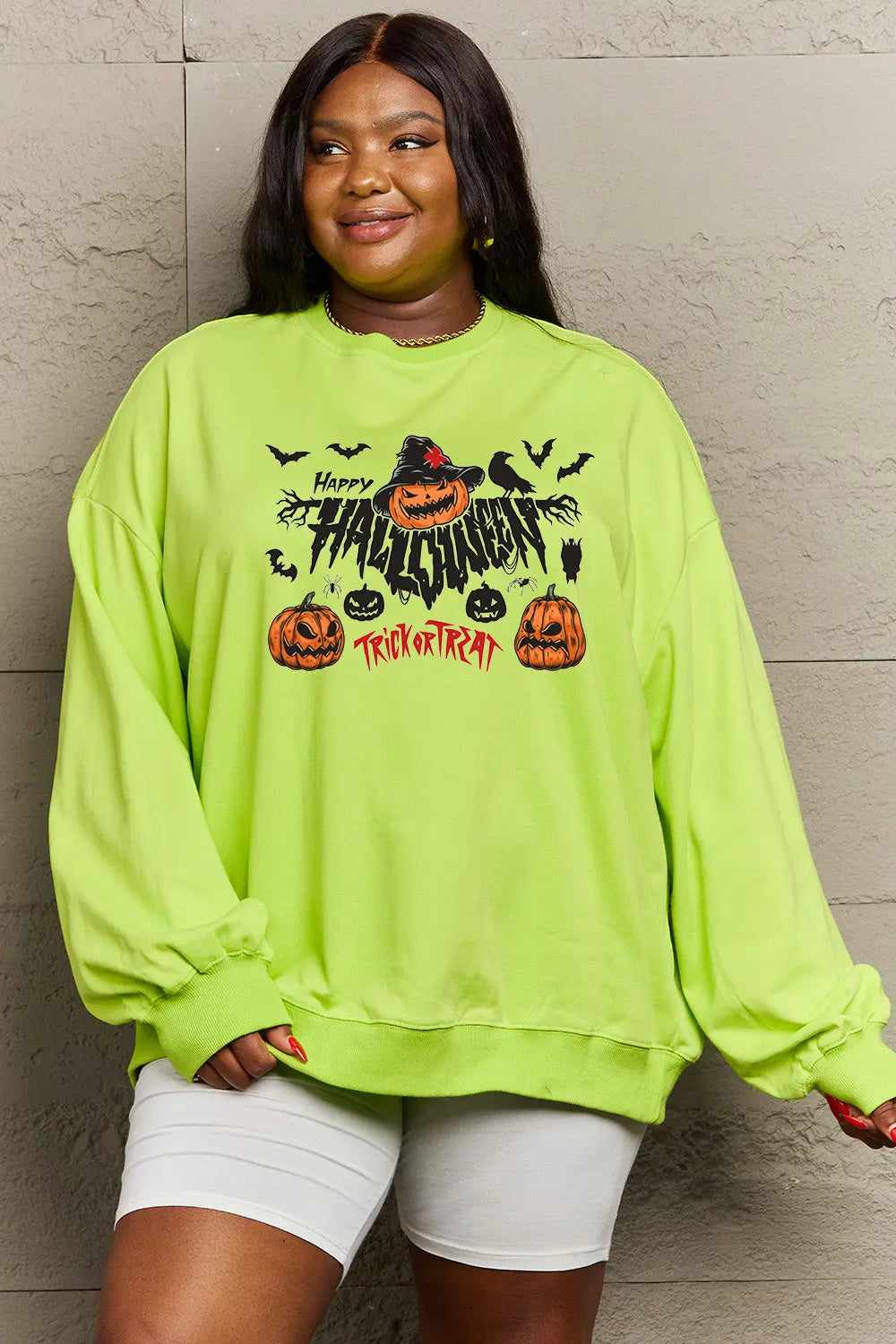 Simply Love Full Size HAPPY HALLOWEEN TRICK OR TREAT Graphic Sweatshirt Trendsi