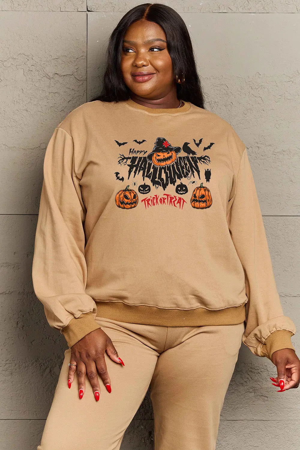 Simply Love Full Size HAPPY HALLOWEEN TRICK OR TREAT Graphic Sweatshirt Trendsi