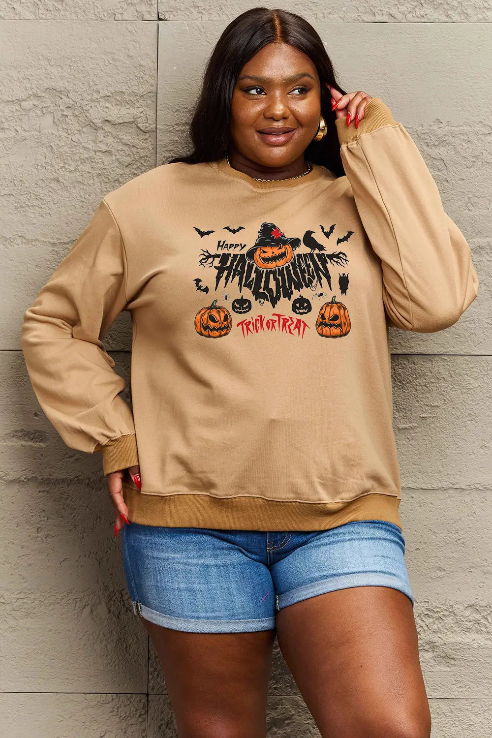 Simply Love Full Size HAPPY HALLOWEEN TRICK OR TREAT Graphic Sweatshirt Trendsi