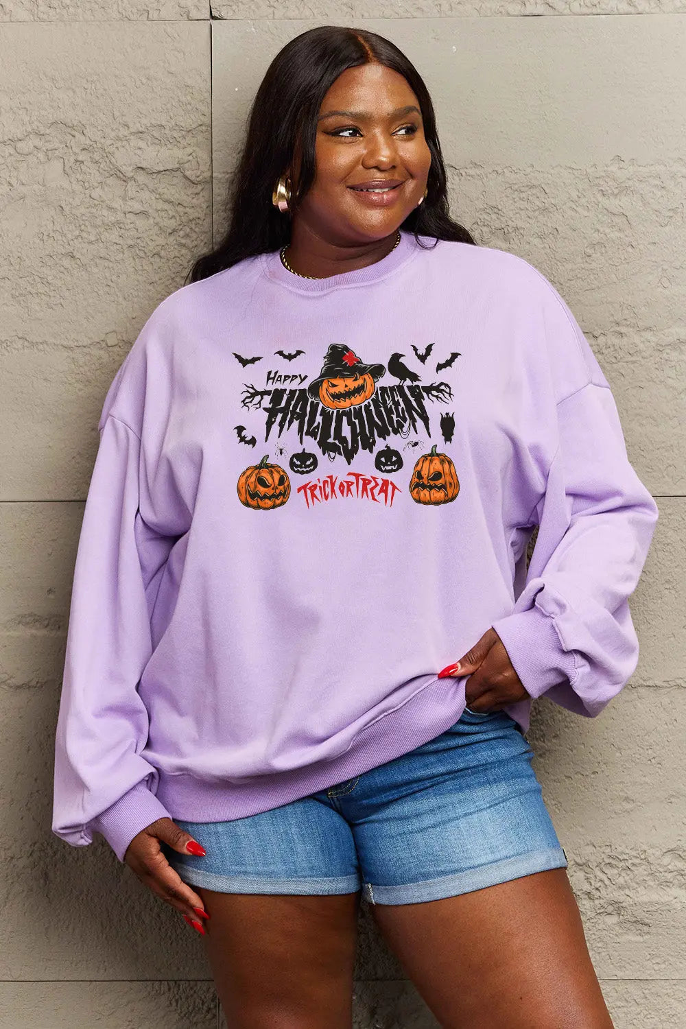 Simply Love Full Size HAPPY HALLOWEEN TRICK OR TREAT Graphic Sweatshirt Trendsi