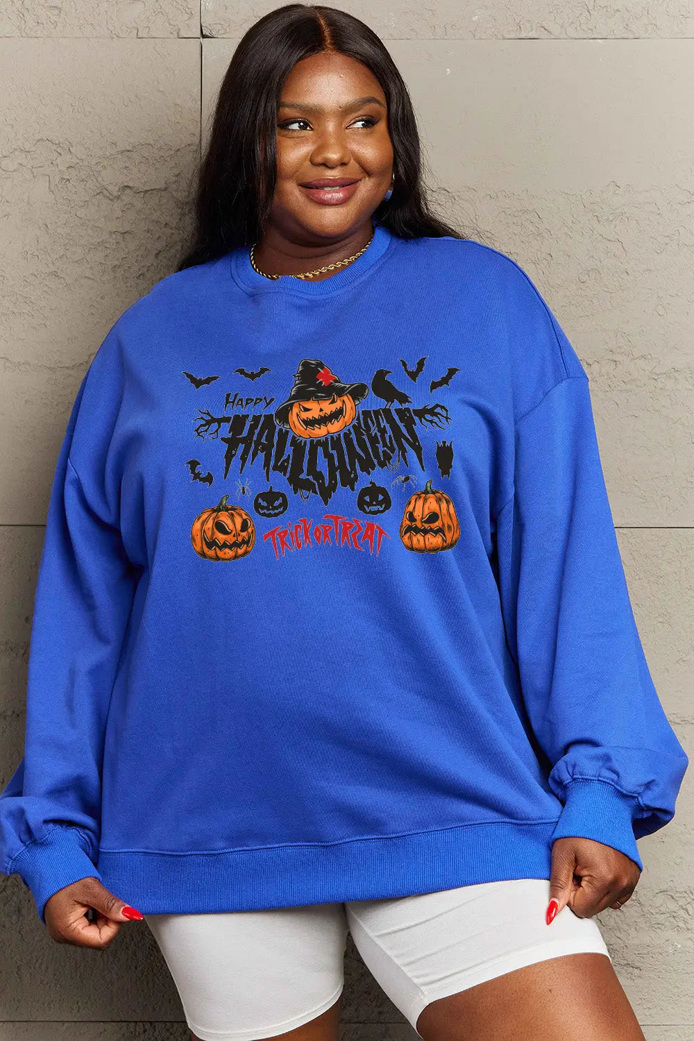 Simply Love Full Size HAPPY HALLOWEEN TRICK OR TREAT Graphic Sweatshirt Trendsi