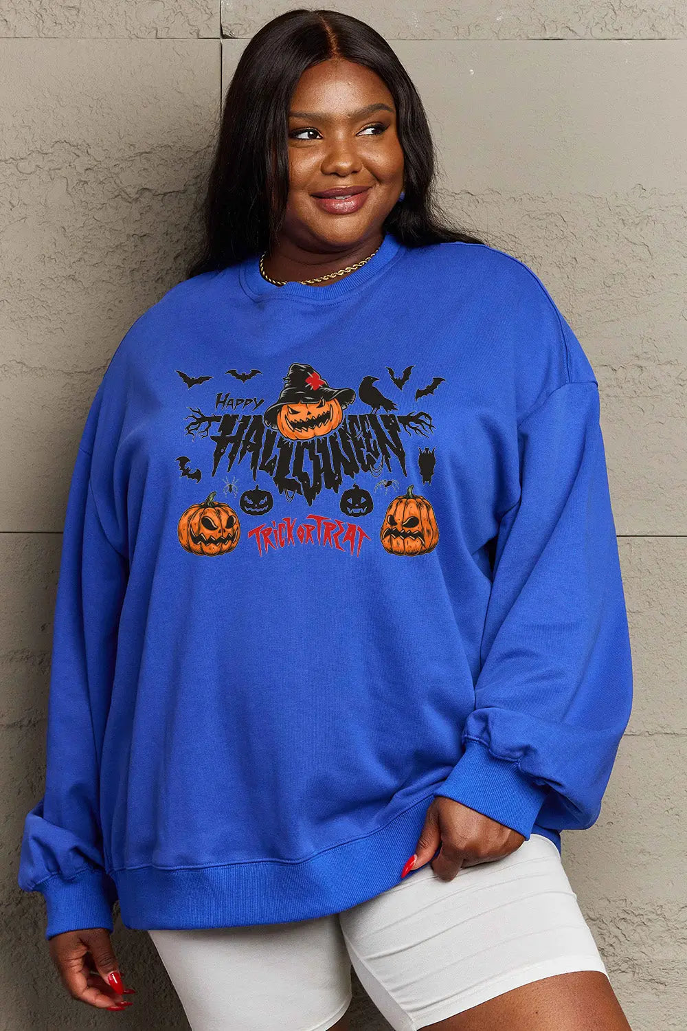 Simply Love Full Size HAPPY HALLOWEEN TRICK OR TREAT Graphic Sweatshirt Trendsi